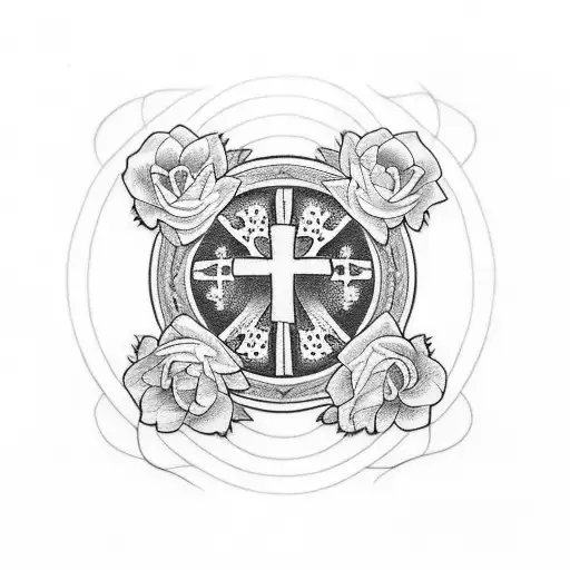 A Cross tattoo with the word sonder in the middle that’s red with roses around the cross tattoo design idea