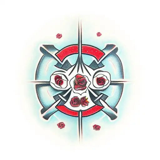 A Cross tattoo with the word sonder in the middle that’s red with roses around the cross tattoo design idea