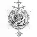 A Cross tattoo with the word sonder in the middle that’s red with roses around the cross tattoo design idea
