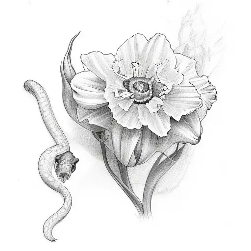 daffodil, marigold, violet, rose, poppy, daisy, carnation with snake through them tattoo design idea