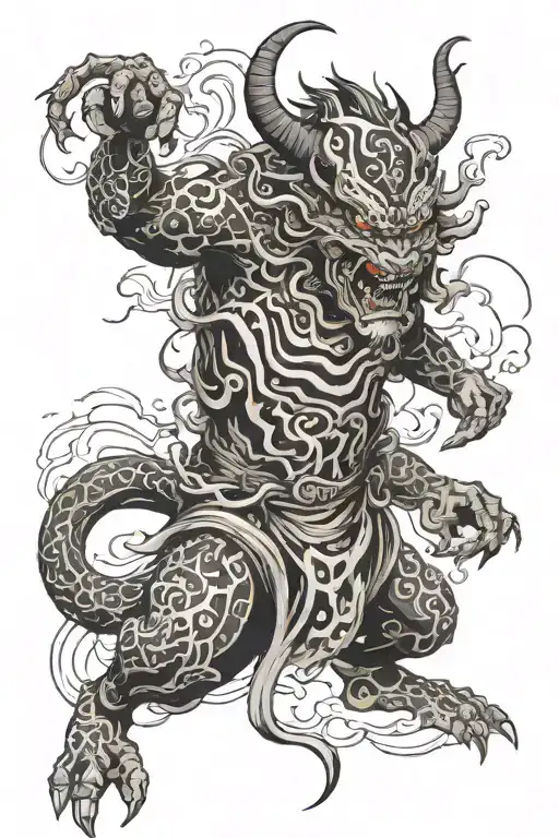black and white samuri demon without a lot of detail  tattoo design idea