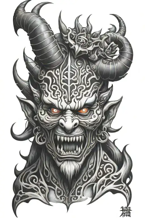 black and white samuri demon tattoo with little detailing   tattoo design idea