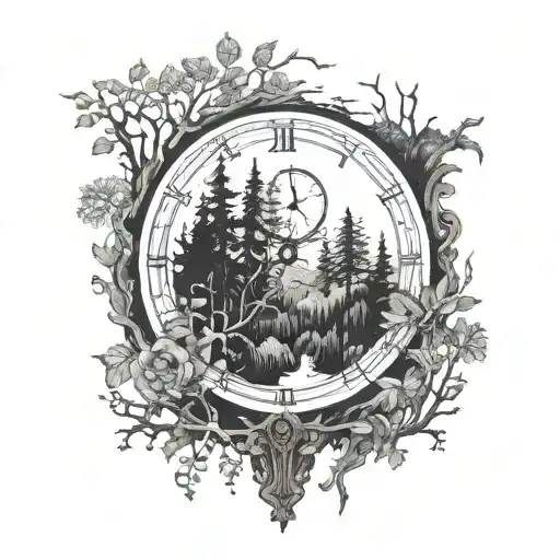 clock 05:57 surrounded by forest v-shaped tattoo design idea