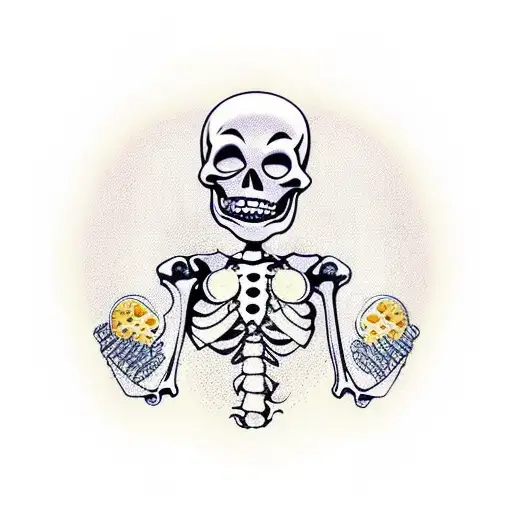 cartoon skeleton taking pills but the pills are music notes  tattoo design idea