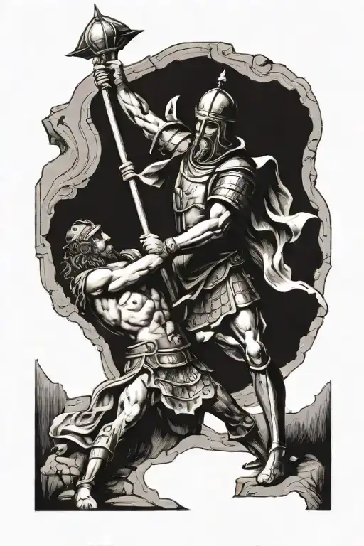 David holding Goliath's head, king Baldwin iv in crusades, Samson defeating pillars tattoo design idea