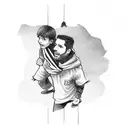 kid on dads shoulders. kid holding scarf out soccer  tattoo design idea