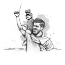 kid on dads shoulders. kid holding scarf out soccer  tattoo design idea