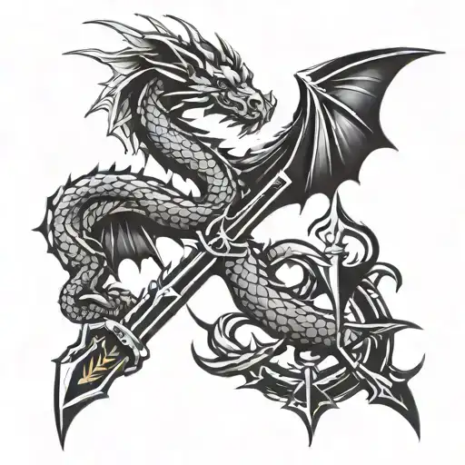 dragon, arrows, fire, christian cross tattoo design idea