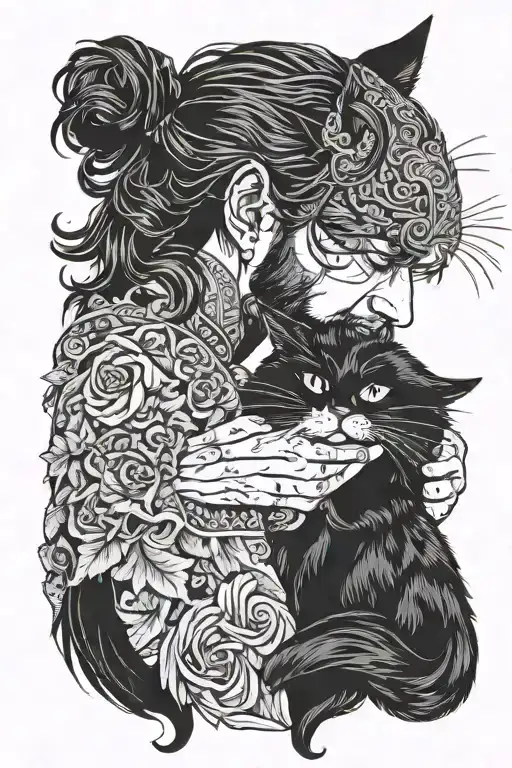 handsome man with black hair and beard cuddling a long-haired black cat tattoo design idea