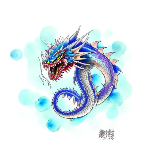 blue dragon, watercolour, cherry blossom's tattoo design idea