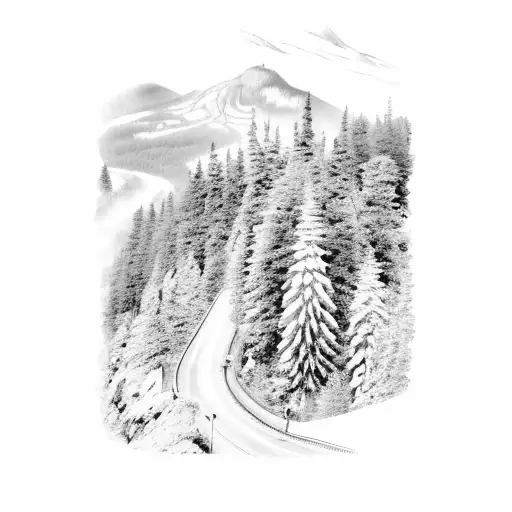 A vintage car driving up a winding mountain road, surrounded by pine trees tattoo design idea