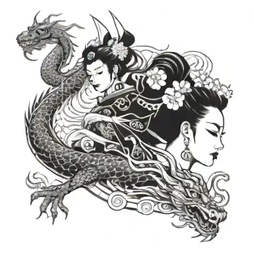 large oriental female geisha and dragon tattoo tattoo design idea
