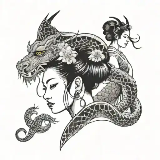 oriental female tattoo on the back of a geisha and a dragon tattoo design idea
