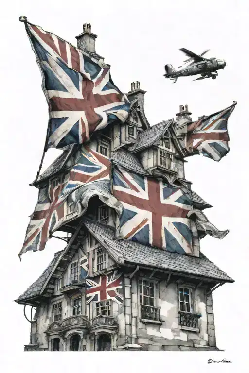 British flag morphing into a roof, ,intertwining passions for England, the army, and roofing tattoo design idea
