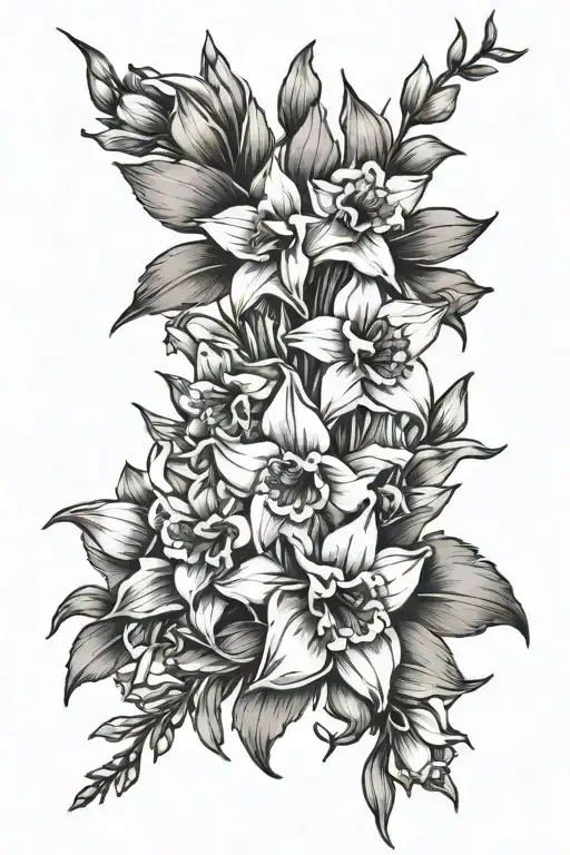 larkspur flower, after flower, narcissus flower, Mary gold flower bouquet  tattoo design idea