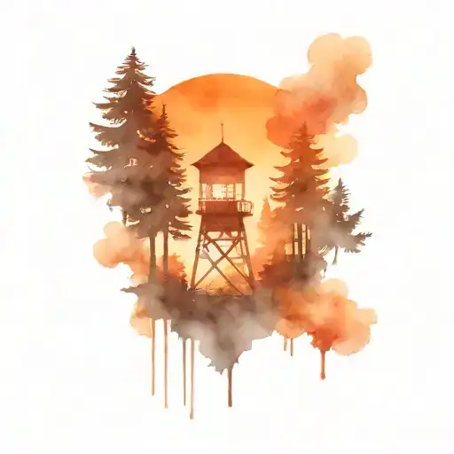 fire tower in forest at sunrise tattoo design idea