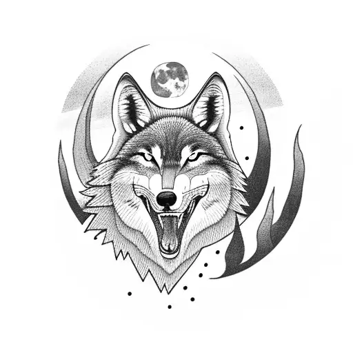 A wolf howling at the full moon while camping outdoors tattoo design idea