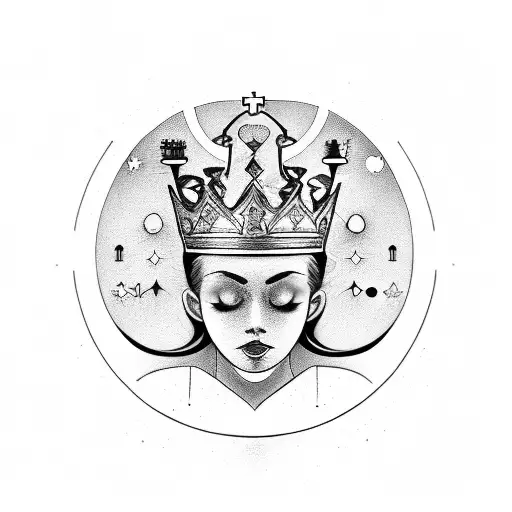 A chess queen with a crown made of moon phases tattoo design idea