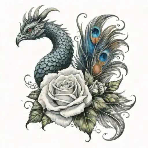 dragon, white rose and peacock feathers tattoo design idea