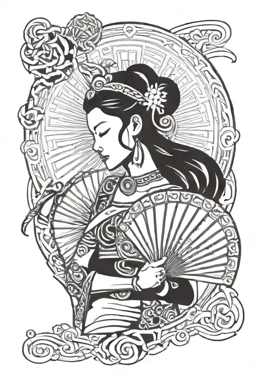 chinease girl holding hand fan tattoo design idea