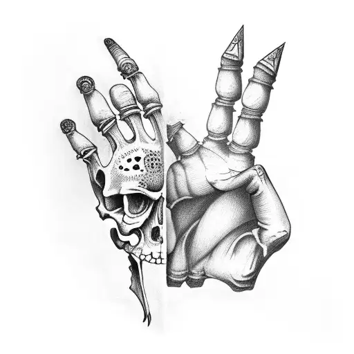 skeleton hand and a normal hand on opposite sides and a sickle in between the space tattoo  tattoo design idea