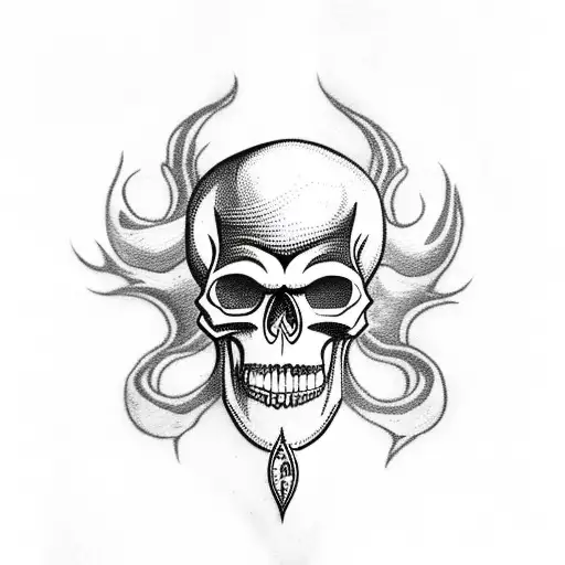 skull with flames for hair and a dagger in its mouth tattoo design idea