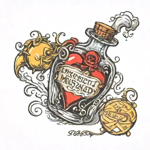 heart in a potion bottle with the words "perfectly misaligned" around it tattoo design idea