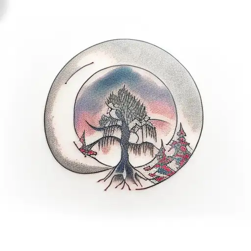 Willow Tree in crescent moon  tattoo design idea