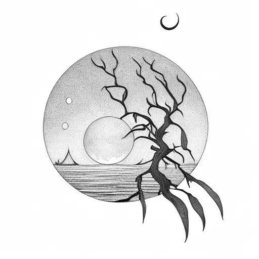 Willow Tree with crescent moon  tattoo design idea
