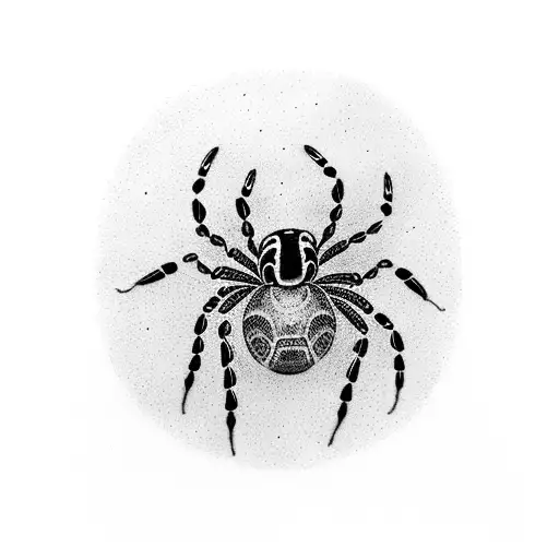 A dotwork tattoo of a black widow spider crawling on a sheet of music, surrounded by intricate nature elements tattoo design idea