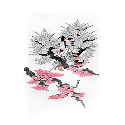 Samurai under cherry blossom tree tattoo design idea