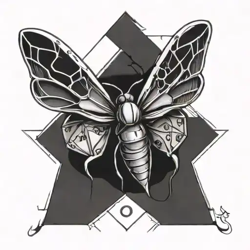 moth over a D20 dice outline drawing tattoo tattoo design idea