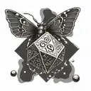 moth over a D20 dice outline drawing tattoo tattoo design idea