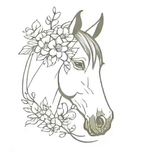 horse head and flowers tattoo design idea