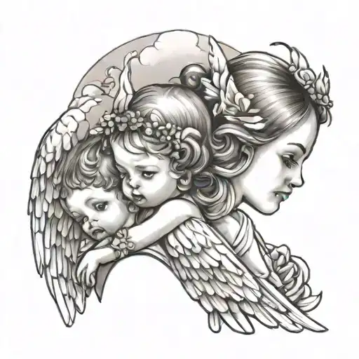 baby girl with two angels and god looking over her shoulder tattoo design idea