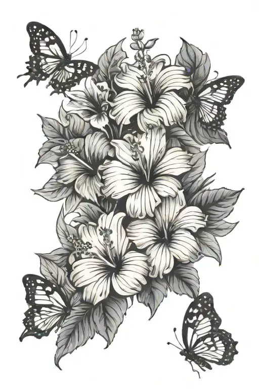hibiscus flowers and butterflies tattoo design idea