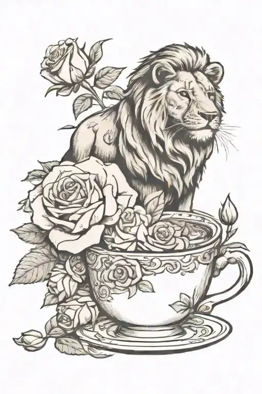 white roses with a tea cup and a lion teddy bear tattoo design idea