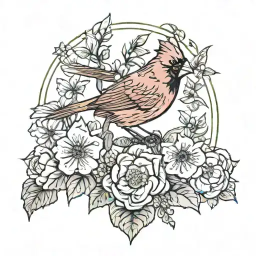 cardinal bird with john deere and flower growing tattoo design idea