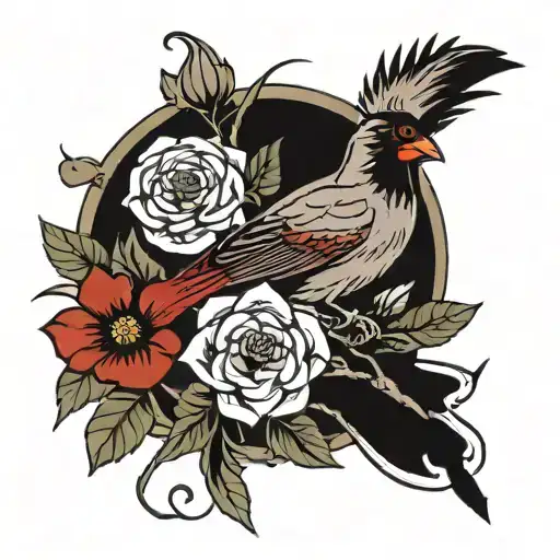 cardinal bird with john deere and flowers intertwined tattoo design idea