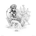 farol  com duas meninas na areia e um navio no mar  tattoo design idea