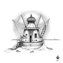 farol  com duas meninas na areia e um navio no mar  tattoo design idea