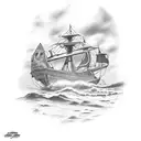 farol  com duas meninas na areia e um navio no mar  tattoo design idea