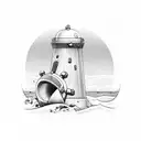 farol  com duas meninas na areia e um navio no mar  tattoo design idea