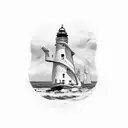 farol  com duas meninas na areia e um navio no mar  tattoo design idea