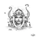 farol  com duas meninas na areia e um navio no mar  tattoo design idea