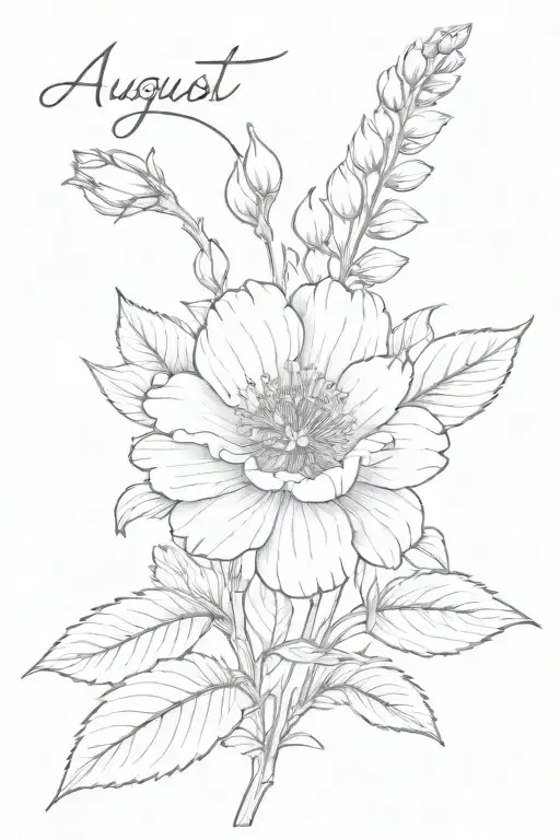 august birth flower with name in cursive sterm tattoo design idea