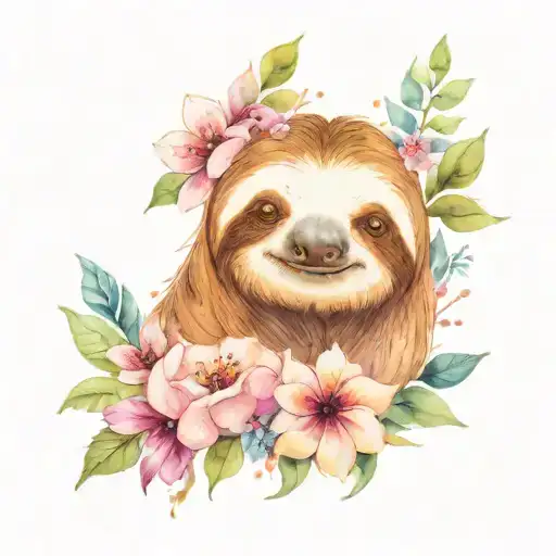 sloth face with flowers blooming tattoo design idea