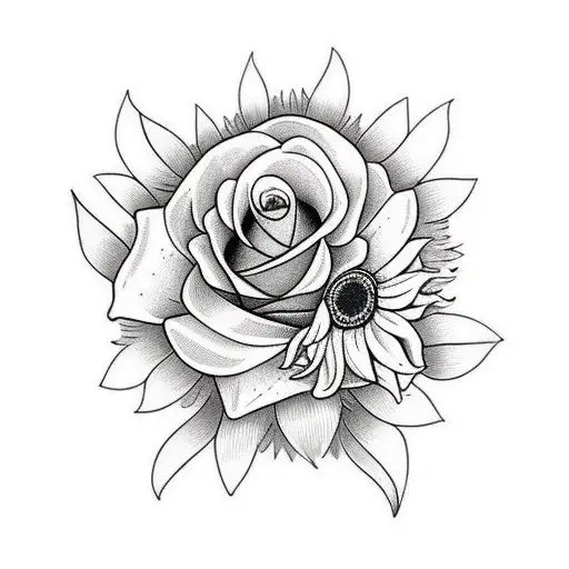 floral composición with sunflower , rose and daisy flower with black line brazalet tattoo design idea
