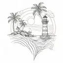 Beach, waves, Thailand, sun palm tree lighthouse, coordinates, diamond tattoo design idea