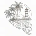 Beach, waves, Thailand, sun palm tree lighthouse, coordinates, diamond tattoo design idea